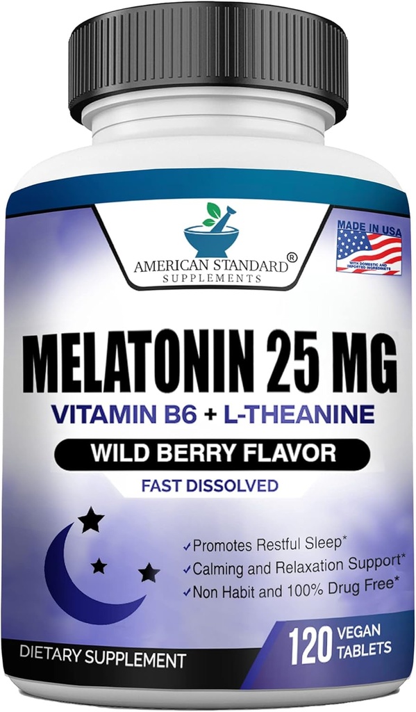 Melatonin 25mg Per One Tablet, 120 Chewable Tablet med L-Theanine & Vitamin B-6, Stöder Hälsosam Sömncykel, Främjar Calming & Restful Sleep, Vegan, NON GMO, Made In USA