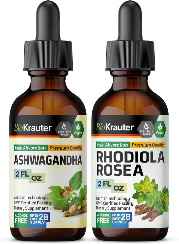 BIO KRAUTER Ashwagandha Ticture 2 Fl Oz. & Rhodiola Rosea Ticture 2 Fl Oz.