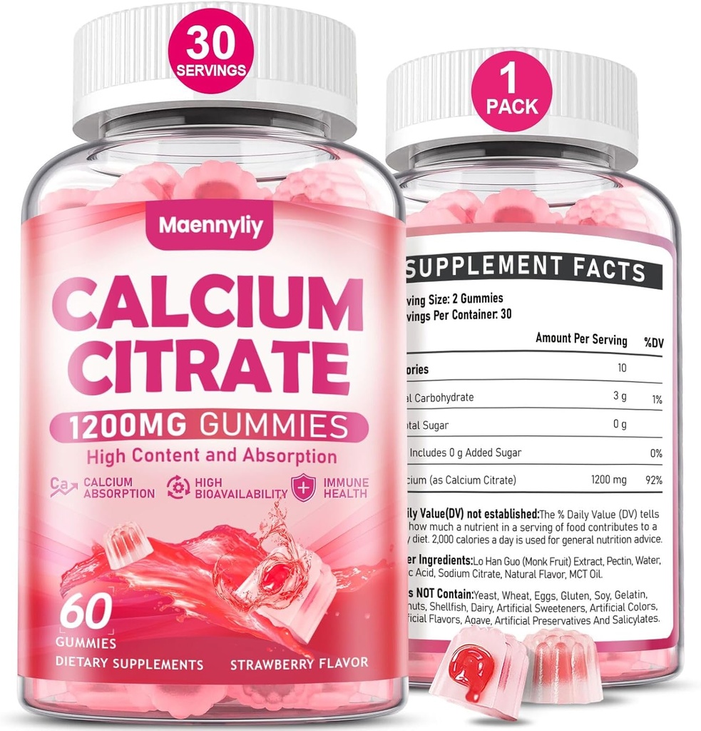 Kalsium Citrat Gummies 1200 mg for voksne: Ultimate Absorpsjon Kalsium Supplement for kvinner og menn - lett å Digest, Vegansk, Ikke-GMO, Glutenfri - Naturlig Jordbær Flavor