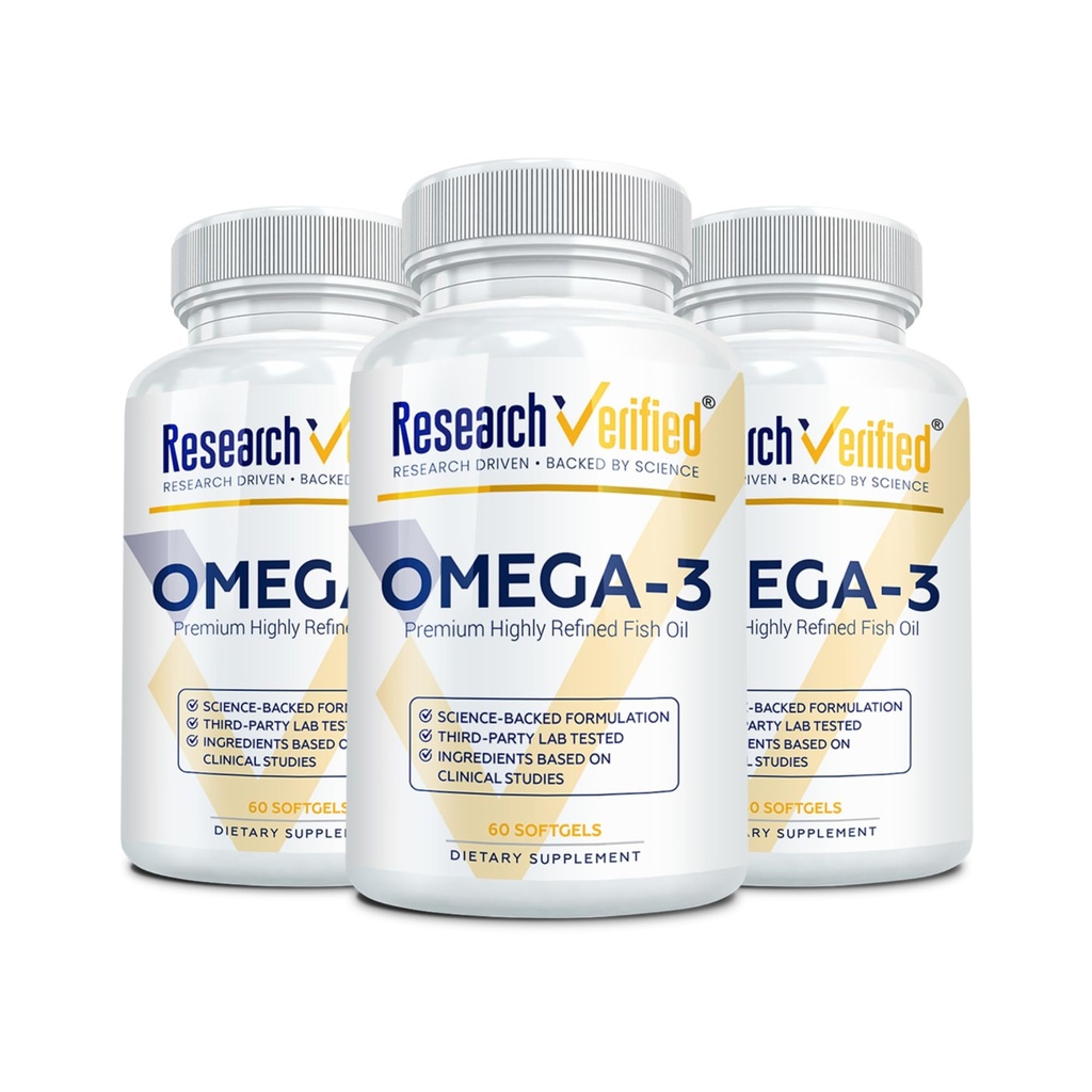 Research Verified Omega 3-1800mg Omega 3 Fish Oil - High 900mg EPA + 600mg DHA - No Aftertaste - 60 Softgel Capsules - 3 Bottles