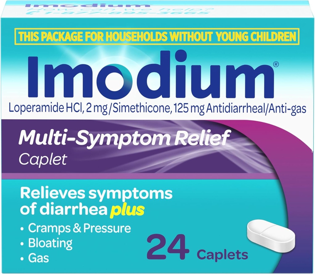 Imodium Multi-Symptom Relief Caplets with Loperamide hydrochloride & Simethicone, Anti-Diarrheal Medicine for Treatment of Diarrhea, Gas, Bloating, Cramps & Stress, Easier כדי לפתוח, 24 ct