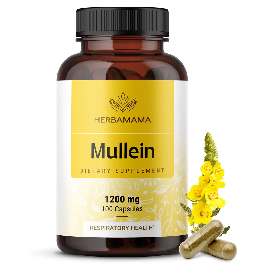 HERBAMAMA Mullein Leaf Extract for Lungs - 1200 mg Mullein Leaf for Lung Support - Herbal Respiratory Supplements - Vegan, Non-GMO, 50-Day Supply