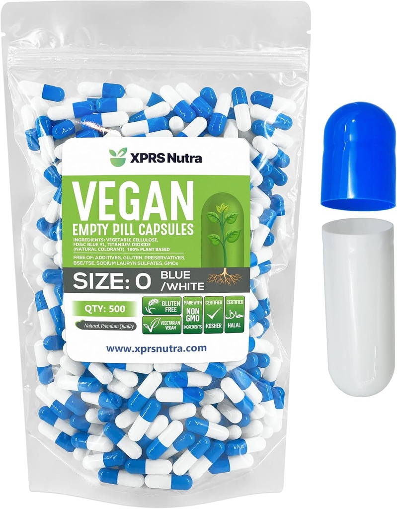 XPRS Nutra Size 0 Boş Kapsüller - 500 Count Boş Vegan Capsules - Vegetarian Pills - DIY Fruit Kapsül Doldurma - Veggie Pill Do-It-Your self Supplements (Blue/White)