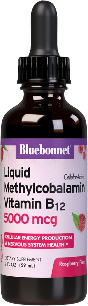 Bluebonnet Liquid Metlcobalaminaminata B12 5000 mcg Active Coenzyme Form de Desmamina B 12 Líquid  Energia suplementari per Dones i homes - Vegan, Guten-Free - Raspber - 2 Oz