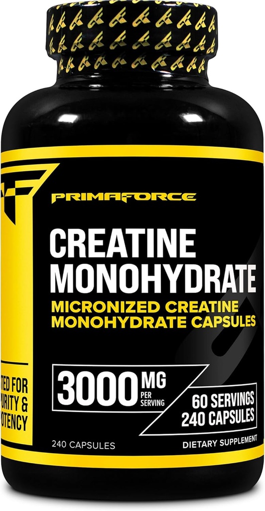 Primaforce Cretine Monohydrate Capsules - 240 Capsules, 3000mg por Serving, Gluten Free and Non-GMO
