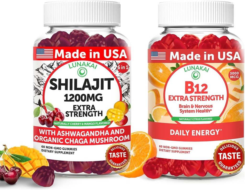 Lunakai USA Made Shilajit & B12 Ekstra styrke Gummies Bundle - Energi, fokus og daglig velvære - Vegan & Delicious