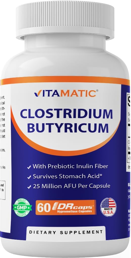 Vitamatic Clostridium butyricum 25 millions - Gut Health - 60 DR Capsules (délaiées) - faites avec de la fibre d'inuline prébiotique