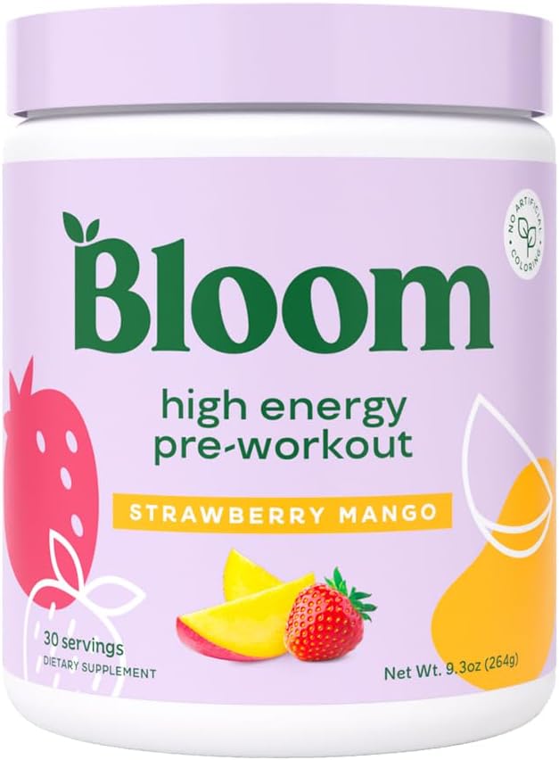 Bloom Nutrition High Energy Pre тренування з Beta Alanine, Ginseng і L Tyrosine для Аміно Energy, Природний кофеїновий порошок від зеленого чаю екстракт, Keto, Sugar Free Пити суміш, Полуниця Манго