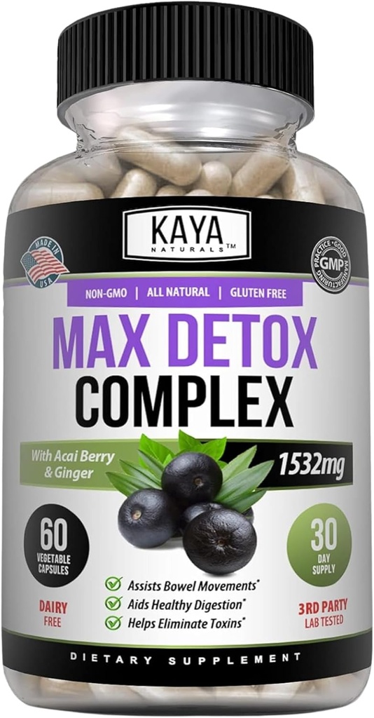 Kaya Naturals Max Detox Herbal supplement - Natural Ingredients 1532 mg - Psyllium Powder, Acai Berry Extract, Ginger Root 60 count