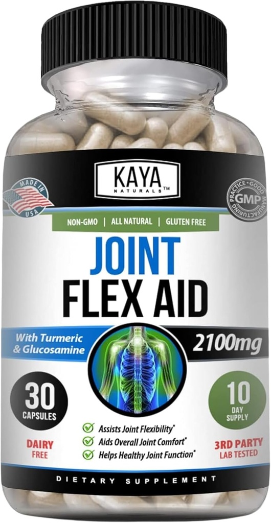 Kaya Naturals Mobility Flex Aid - Mobility Supplement Supplement for Men and Women - Turmeric Capsules with Glucosamine Sulfate - for Knee Support and Mobility Health - 30 Count