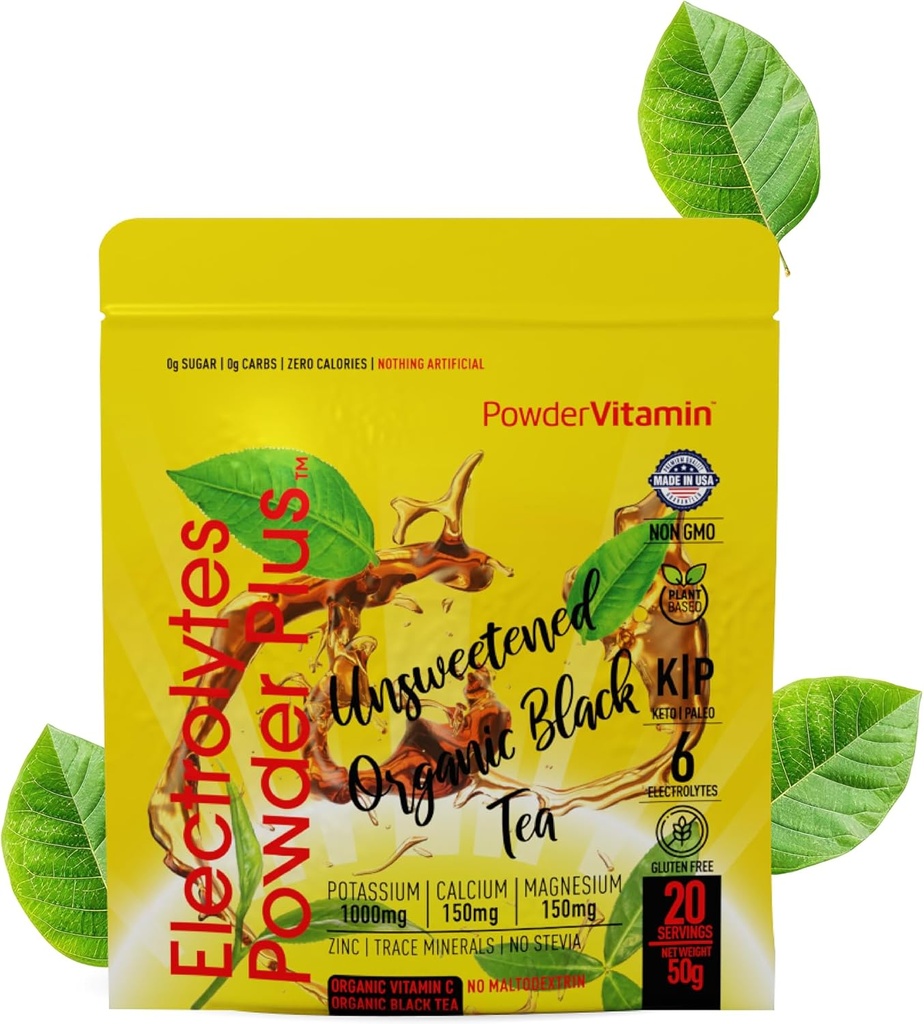 PowderVitamin Electrolytes Powder Plus (20 pelayan) Unsweetened Black Tea Electrolyte Powder Keto, SugarFree, Pink Himalaya Salt, 100mgPotasium, 150mgCalcium, 150mgMagnesium, Hidration Powder NO STEVIA