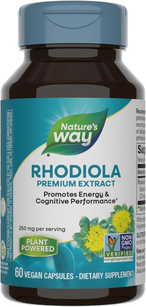 Estratto Rhodiola Premium di modo naturale, 250 mg per porzione, Supporta energia e prestazioni cognitive*, erba adaptogenica*, Progetto non OGM Verificato, Vegan, Gluten Free, 60 capsule (Packaging May Vary)