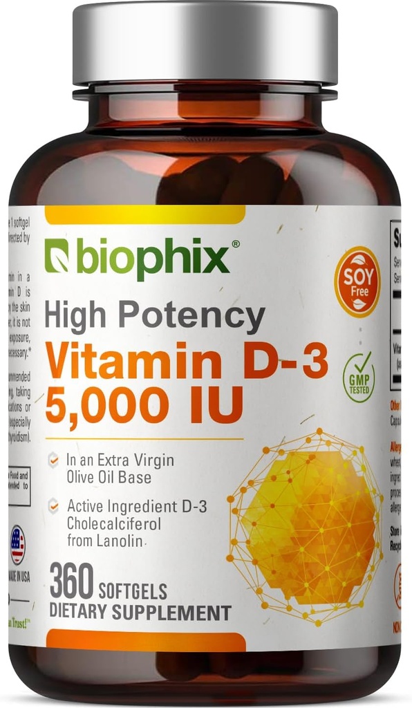 biofix Witamina D-3 5000 j.m. 360 Softgels - Wysoka potencja w Extra Virgin Olive Oil Non-GMO Wolna Soy- Wspiera silne kości immunologiczne Zdrowie