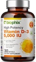 Biophix Vitamine D-3 5000 UI 360 Softgels - Haute-Potence dans l'huile d'olive vierge extra non-OGM sans soja soutient la santé immunitaire des os forts