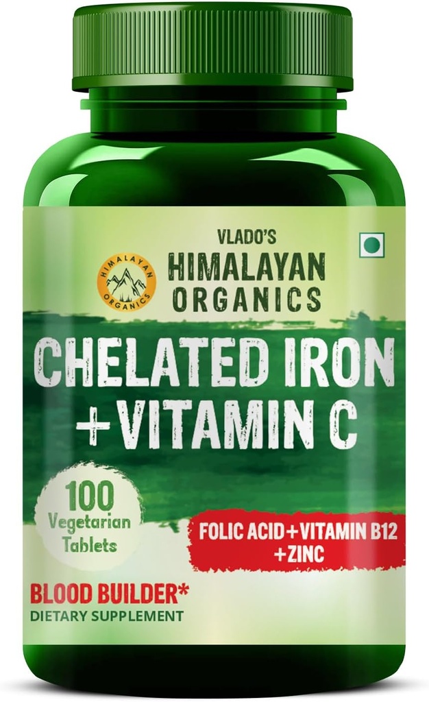 HIMALAYAN ORGANICS Organiks Chelated Iron with Vitamin C,B12,Zinc & Folic Acid | Boost Hemoglobin Levels | improves Concentration Level,Energy & Blood Building-120 Veg Tabletleri
