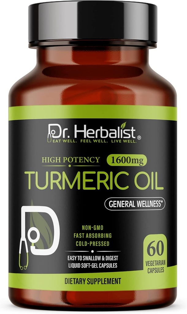 Dr HERBALIST Turmeric Curcumin Oil kapsułki 1600mg - 60 Kapsułki 124; Non- GMO XI124; Post Absorbowanie 124; Wegetarian XI124; Cold- Pressed XI124; High Potency I AKA kapsułki Haldi (1 opakowanie: 60 kapsułki)