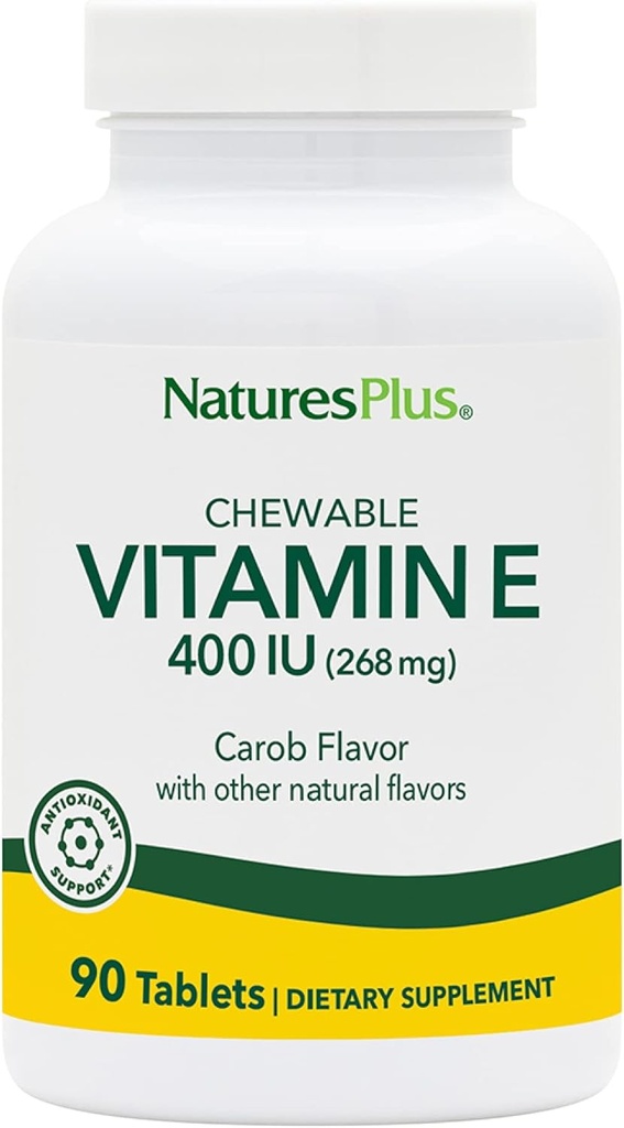 NaturasPlus Vitamina E Chewable - 400 ui, 90 comprimate vegetariane - Aroma de carob natural - Functie cardiovasculara sanatoasa, Aparare gratuita si bunăstare generala - Gluten-free - 90 Serviri