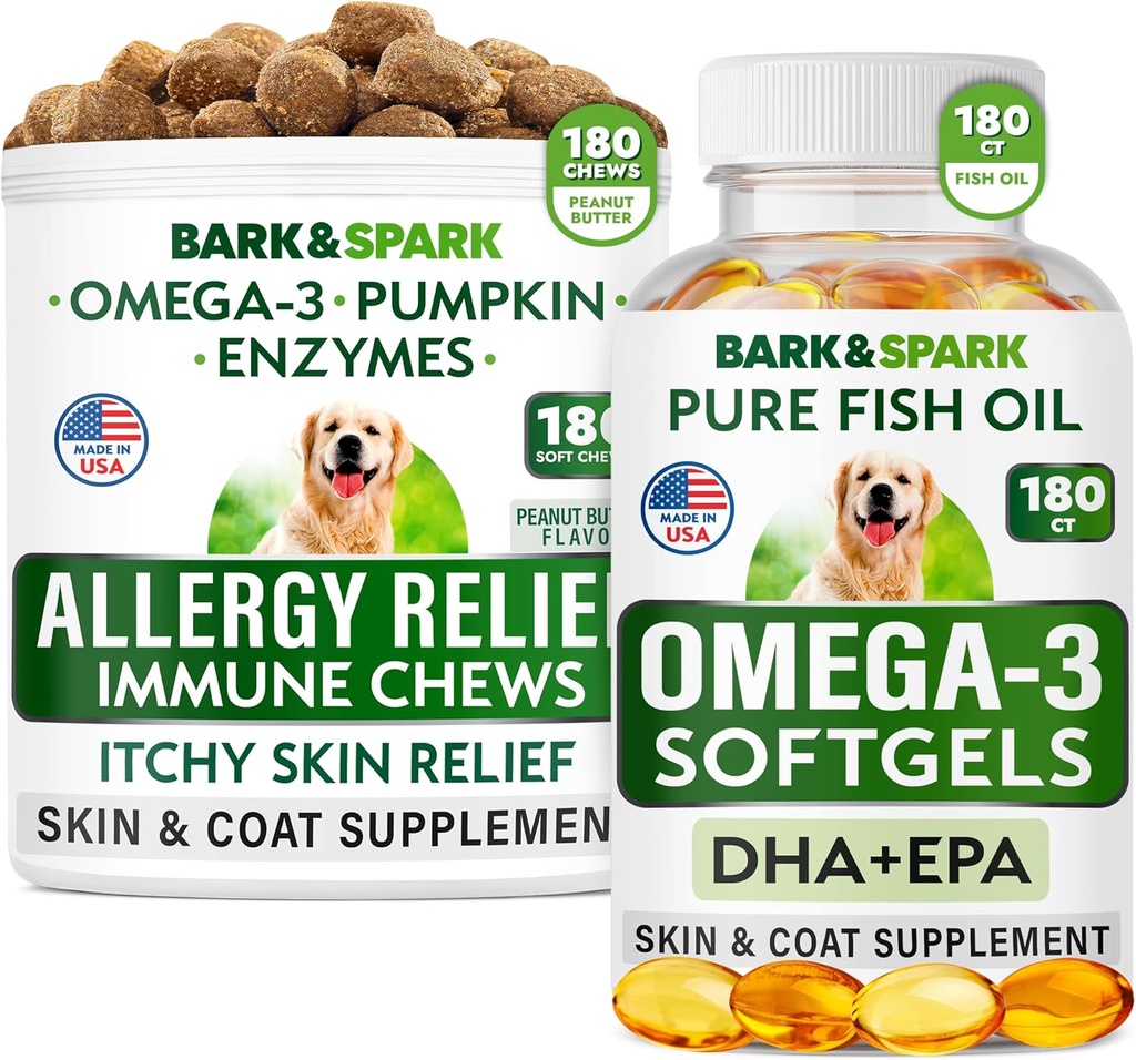 Allergi Relief + Omega 3 Bundle - Anti- Itch Skin & Coat Supplement + Hud Allergi - Omega 3 Fish Oil + EPA & DHA Fedtsyrer - Kløe & Paw Licking + fælles sundhed - 180 Chews + 180 Softgels - Made in USA