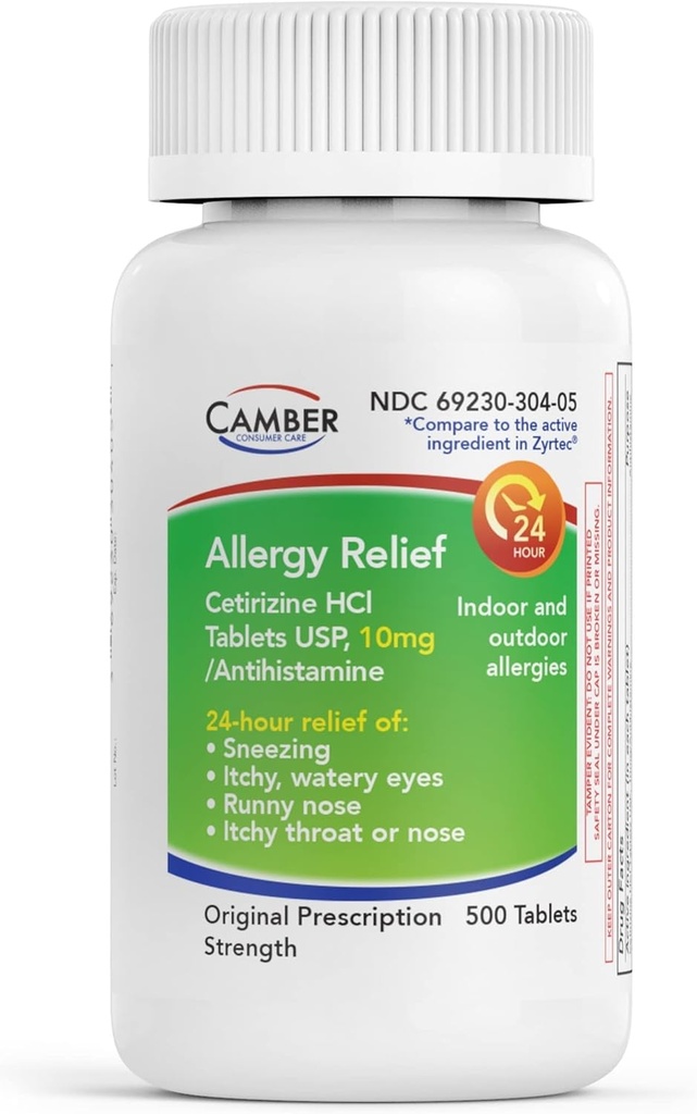 CAMBER PHARMACEICALS, INC Cetirizine HCI 10mg Tablet, 24Hour Allergy הקלה, Allergy תרופות - 500 Count