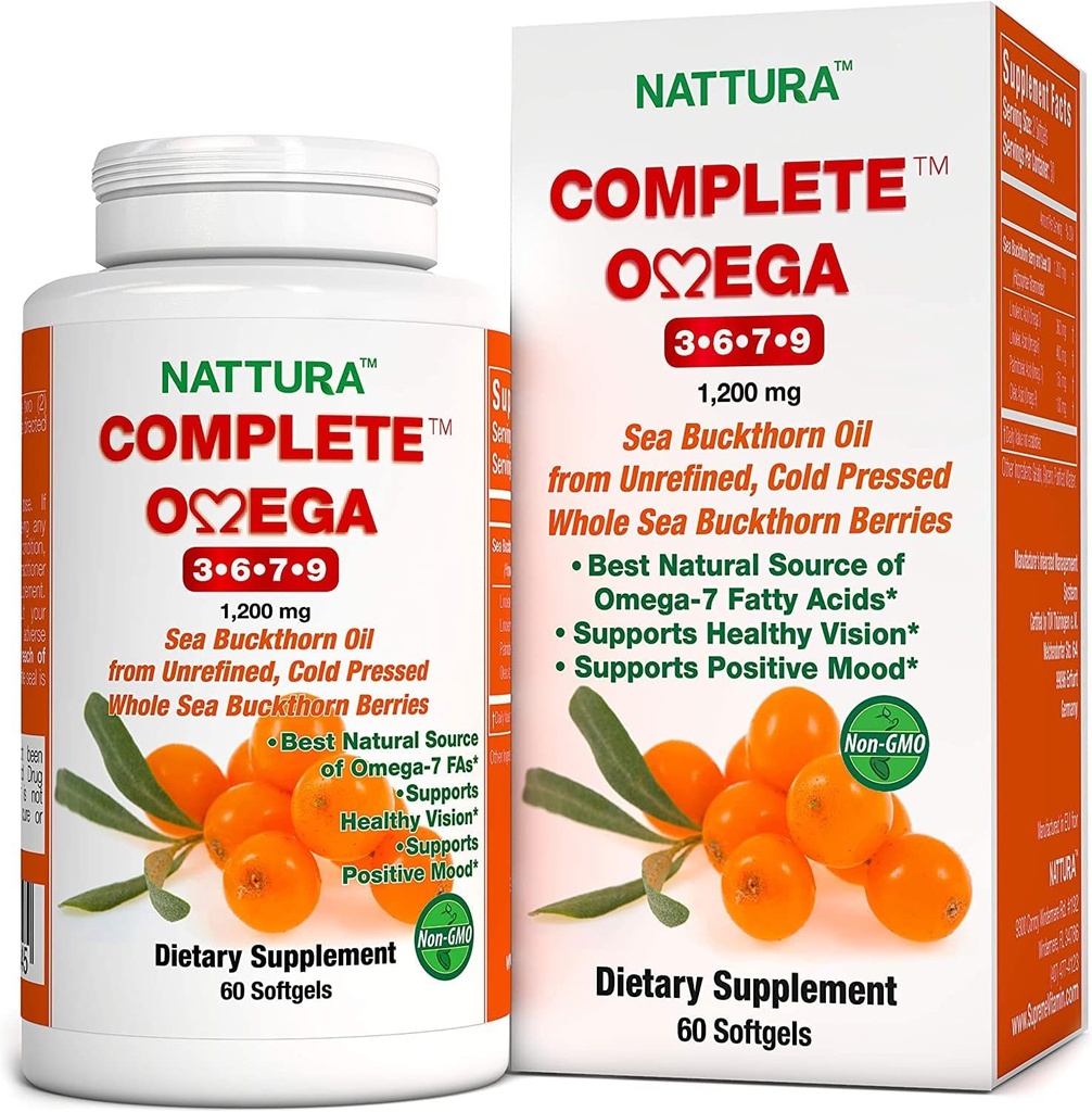 Natura Complete Omega 3-6-7-9, Pure Sea Buckthorn Oil, European Quality, from Unrefined, Cold Pressed Whole Sea Buckthorn Wild Berries - Non-GMO, Certificado Kosher, Gluten-Free 1 Garrafa - 60 Cápsulas