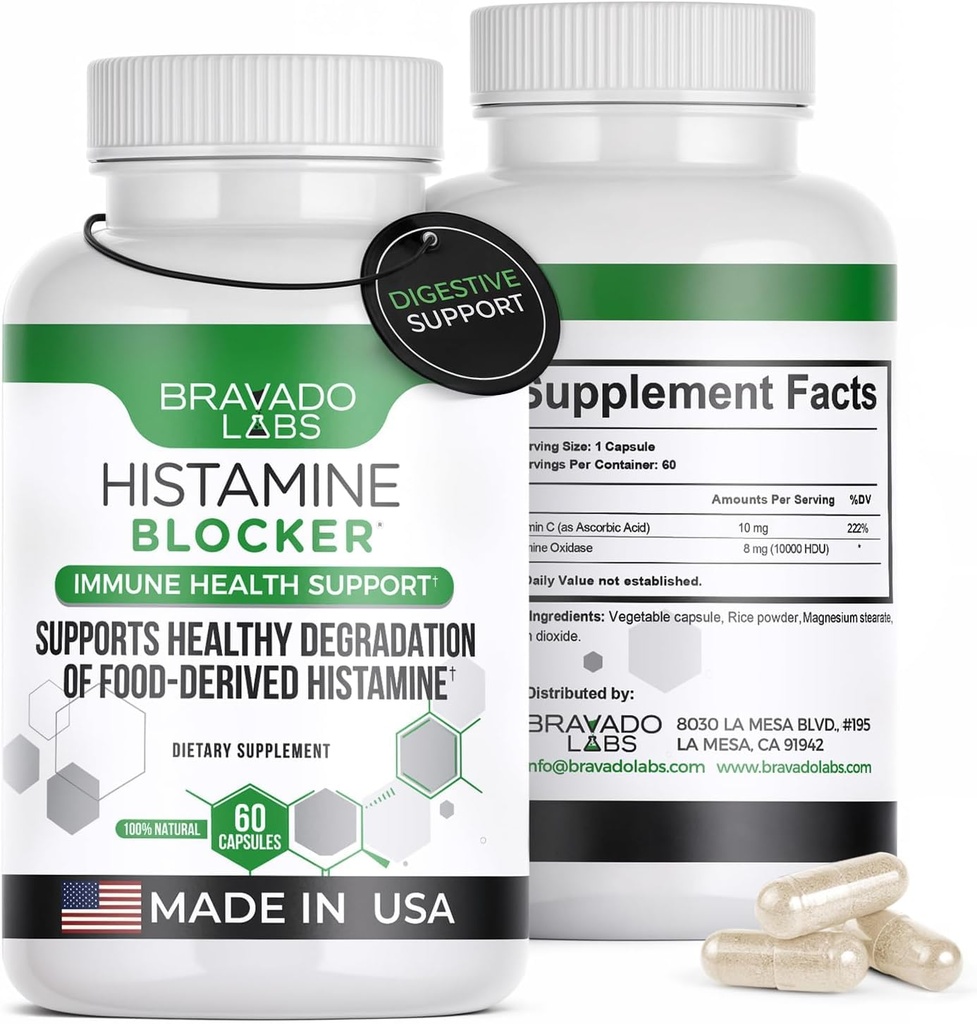Bravado Labs DAO Supplements Histamine Blocker - DAO Enzyme + Diamine Oxidase & Vitamin C for Daily Histamine Metabolism & Immune Support - 60 ct
