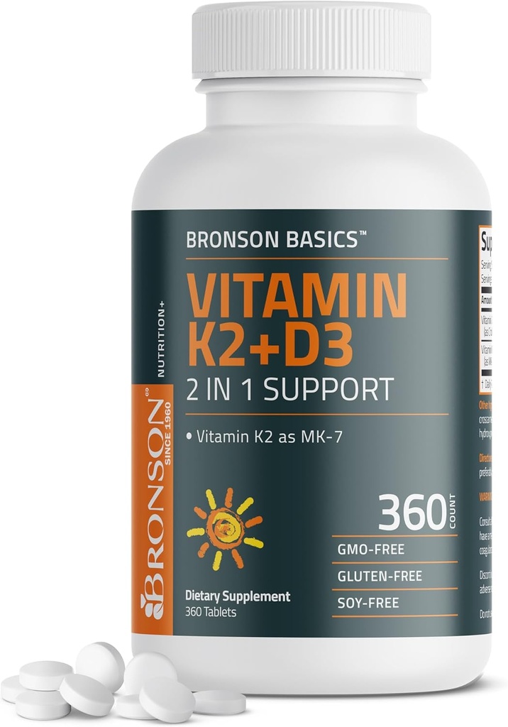Bronson Vitamin K2 D3 (MK7) Tambahan Non-GMO Formula Vitamin D3 5000IU (125 mcg K2 MK-7, Easy to Swallow D & K Complex, 360 Tablet