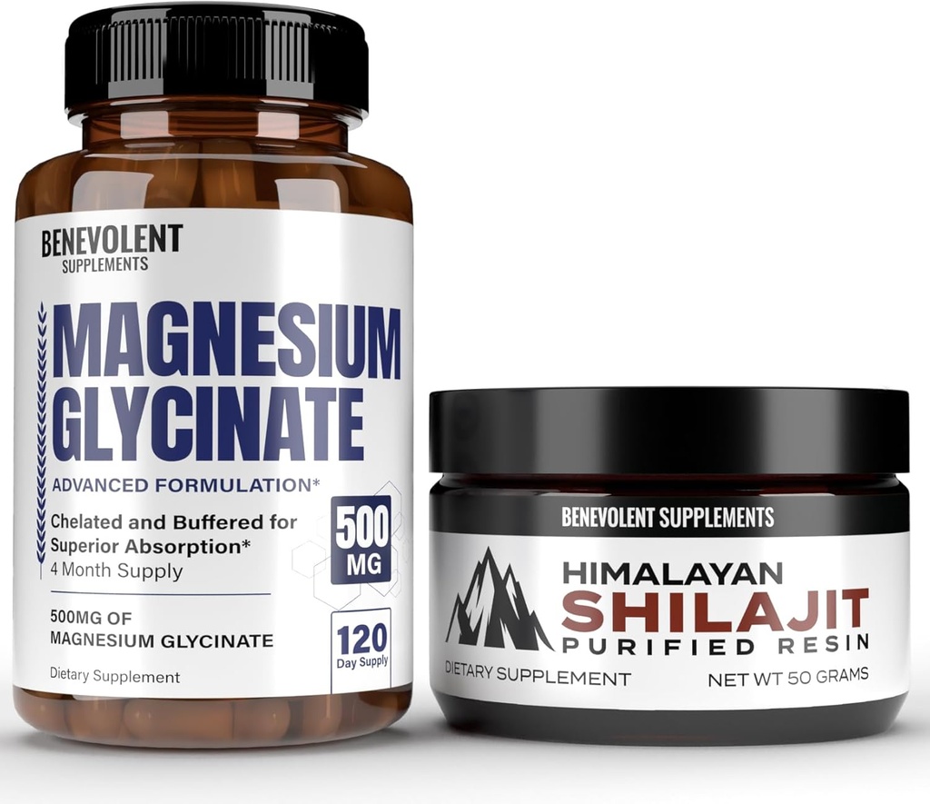 Premium Magnesium Glycinate 500 mg Kapsler og Himalayan Shilajit Resin - (8 måneders forsyning + høy absorpsjon formel) Chelated Buffered Glycinat - 85+ Spor Mineraler for energi, ytelse, immunforsvar