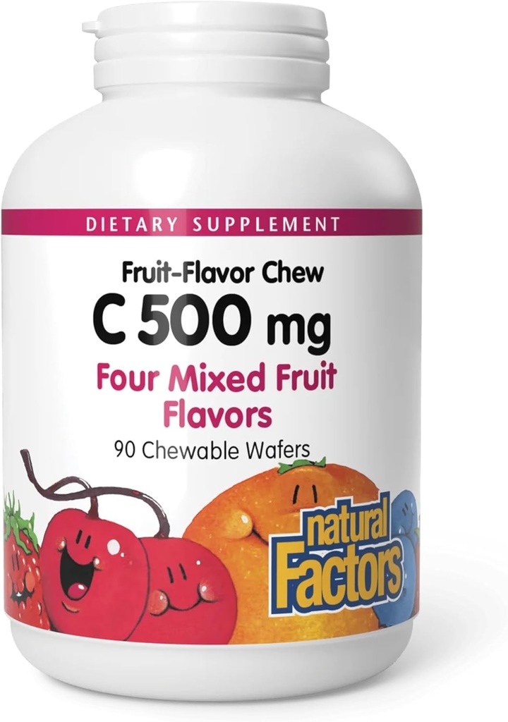 Factores Naturales, Niños Chewable Vitamina C 500 mg, Soporta Salud Inmune, Huesos, Dientes y Gums, Frutas Mixtas, 90 Wafers