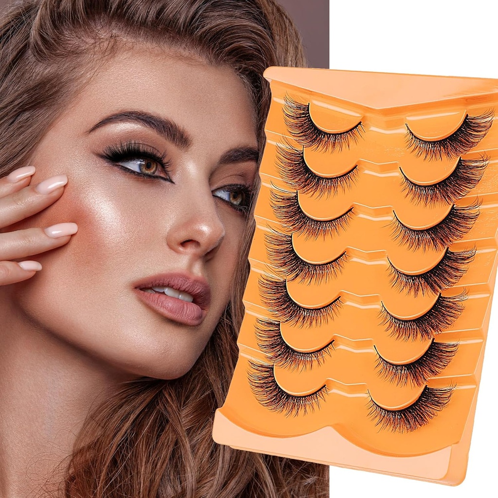 Heasy Fox Eye Lashes, Wispy False Eyelashes D Curl Mink Lashes Fluffy False Lashes Natural Look Cat Eye Lashes Strip Pack 7 Pairs, Black