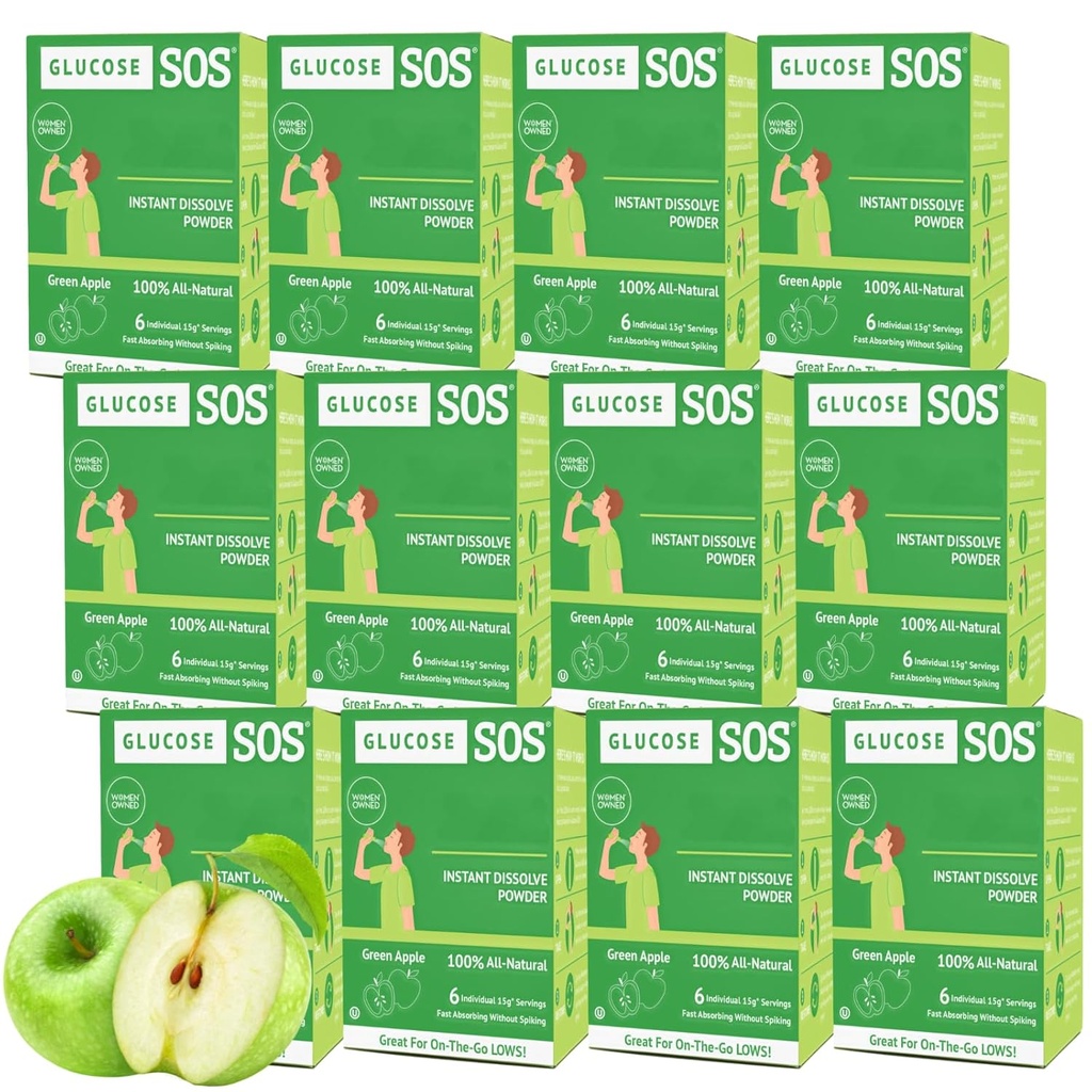 Glucose SOS Glucose Powder Packets with Natural Dextrose, Fast-Absorption That Instantly Dissolves in Your Mouth with No Water Needed, Green Apple 72 Servings