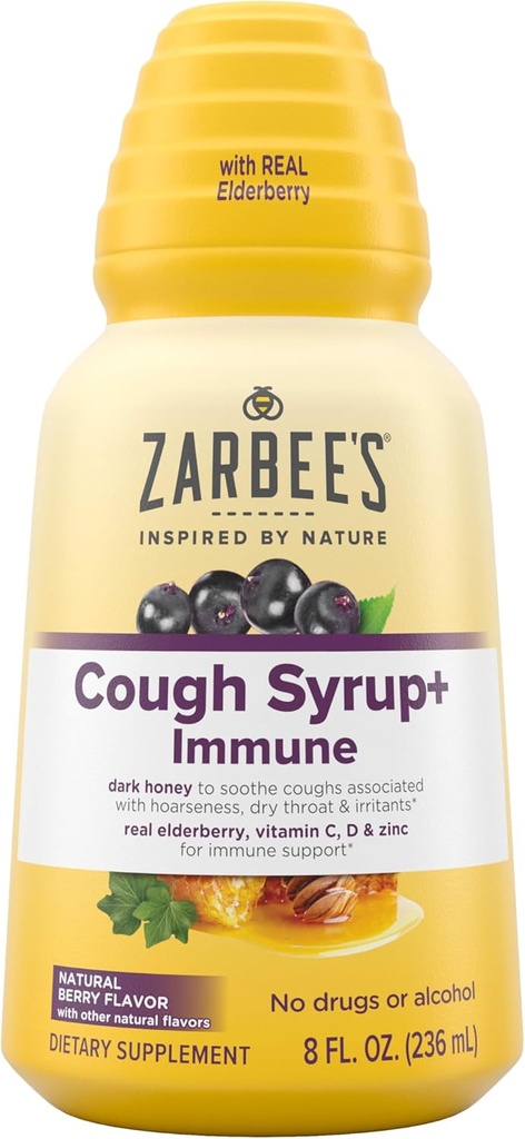 Zarbee's Naturals Complete Daytime Cough Syrup + Imuni s temnim medom, Real Elderberry, Vitamin C, D & cink, 8 oz Steklenica
