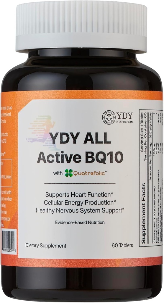 YDY All Active BQ10 - CoQ10 100mg, Vitamin B Complex (B1, B2, B3, B6, B7, B9, B12, Pantethine) - Supports Heart Health, Cellular Energy - 60 Tablets