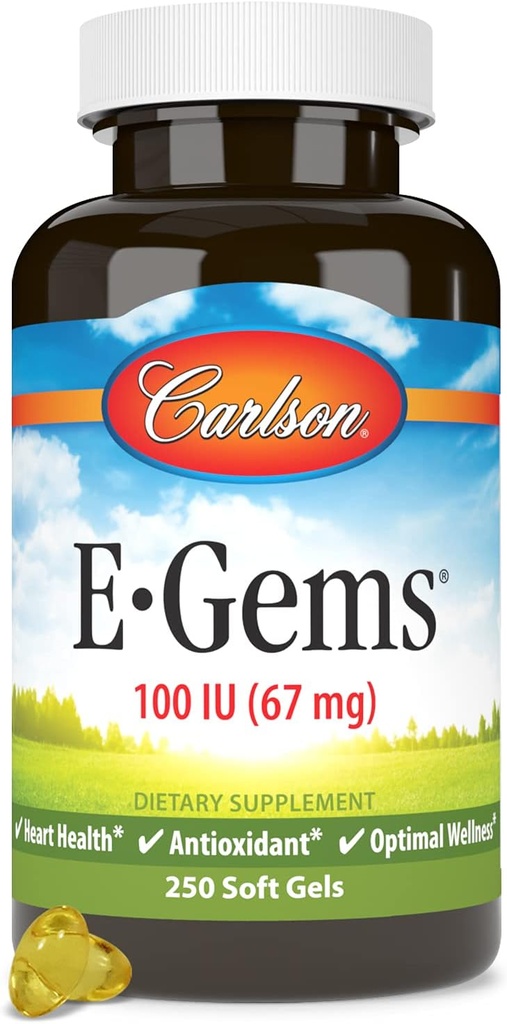 Carlson - E-Gems, 100 IU, Heart Health & Optimal Wellness, Antioxidant, 250 mäkkých gélov