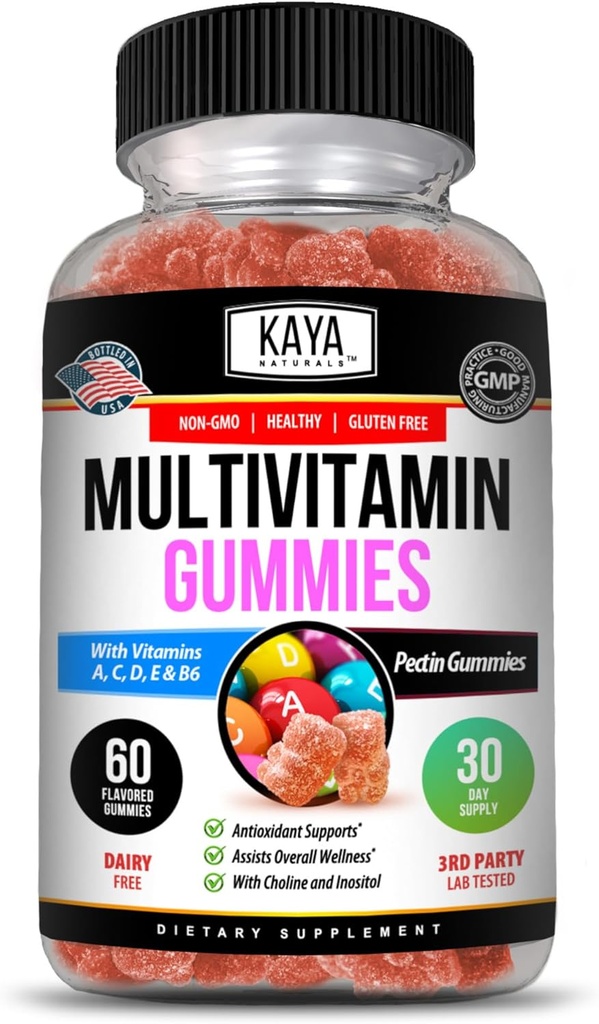 Kaya Naturals Adult Multi Vitamina Gummy, Biotin, Vitamina A, C & E, Incluíndo Zinc &Vitamin B-12, ácido fólico, Strawberry Flavor | multivitamínico sen glute Gummies - 60 Gummies