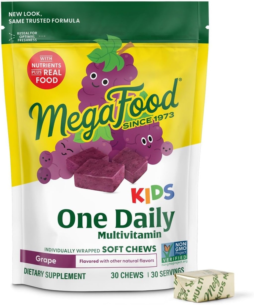MegaFood Kids One Daily Multivitamin Soft Chews - Παιδικές Βιταμίνες με Βιταμίνη Β, Βιταμίνη C, Βιταμίνη D & Βιταμίνη Ε - Ηλικία 4+, Χορτοφαγικά, Made Without 9 Food Allergens - Grape Flavor - 30 Chews