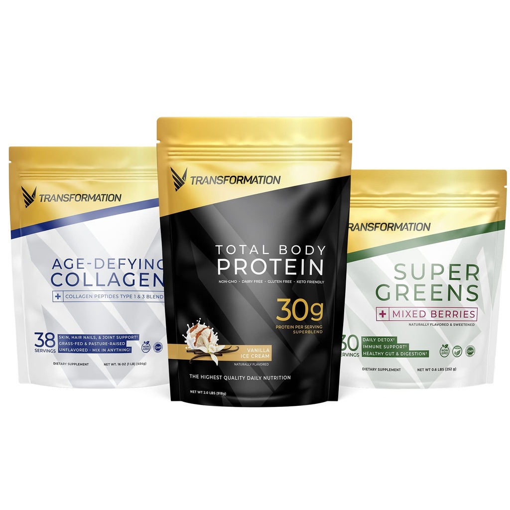Transformation Vanilla Protein Powder | 30G Multi-Protein Superblend + Grass-Fed Hydrolyzed Collagen Peptides Powder- Hair, Skin, Nails + Organic Super Greens Superfood Powder- Immune & Energy Support