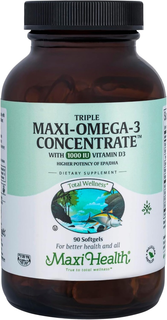 Maxi Health Triple Omega-3 Konzentrat - Fischöl -"1000 IU" Vitamin D3-90 Kapseln - Kosher