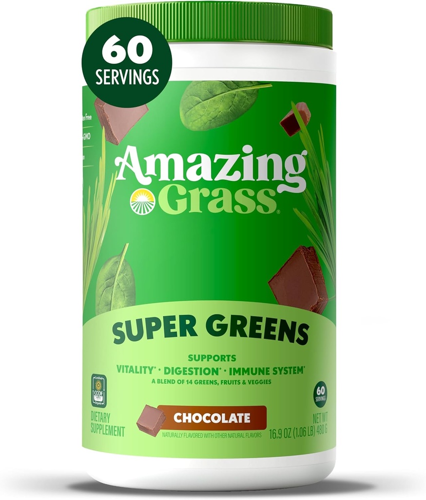 Surpreendente grama Verdes Superfood Pó: Verdes Pó com Enzimas Digestivas e Probióticos, espirulina orgânica, chlorela, e raiz de beterraba em pó, Chocolate, 60 Servings