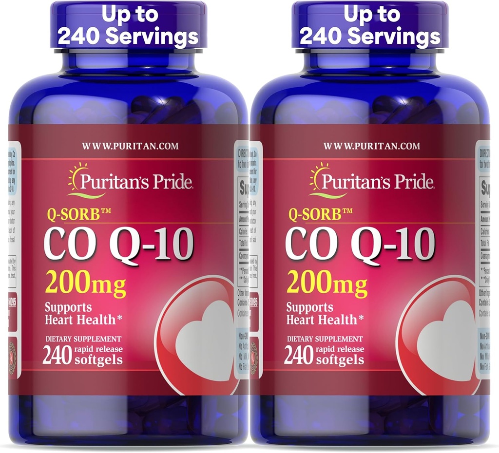 Puritan's Pride Coenzyme CoQ10 200mg, Heart Health, Kan Pressure, Oral Gum Health, və sağlam Aging Support, 240 Rapid Release Softgels, 2-Pack