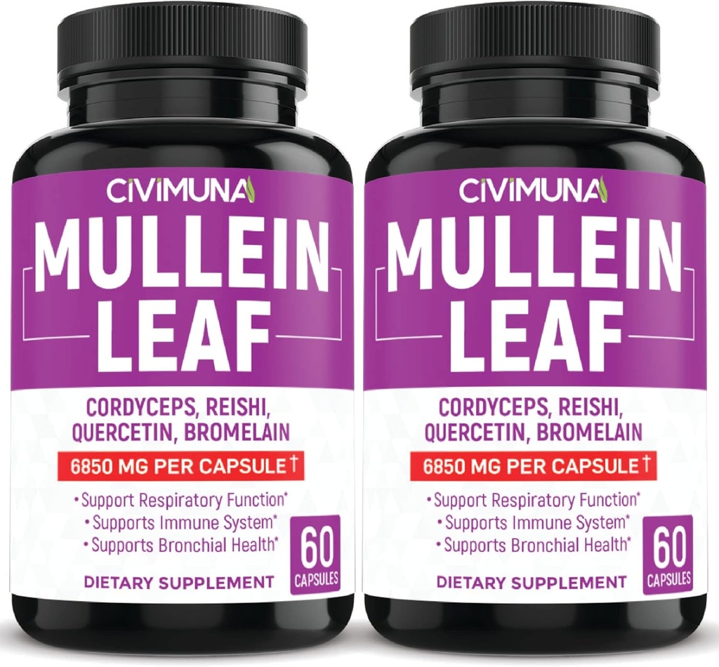 (2 пакети) Mullein Leaf Capsules 6850mg - Mullein Leaf, Cordyceps, Reishi - 4 місяці постачання