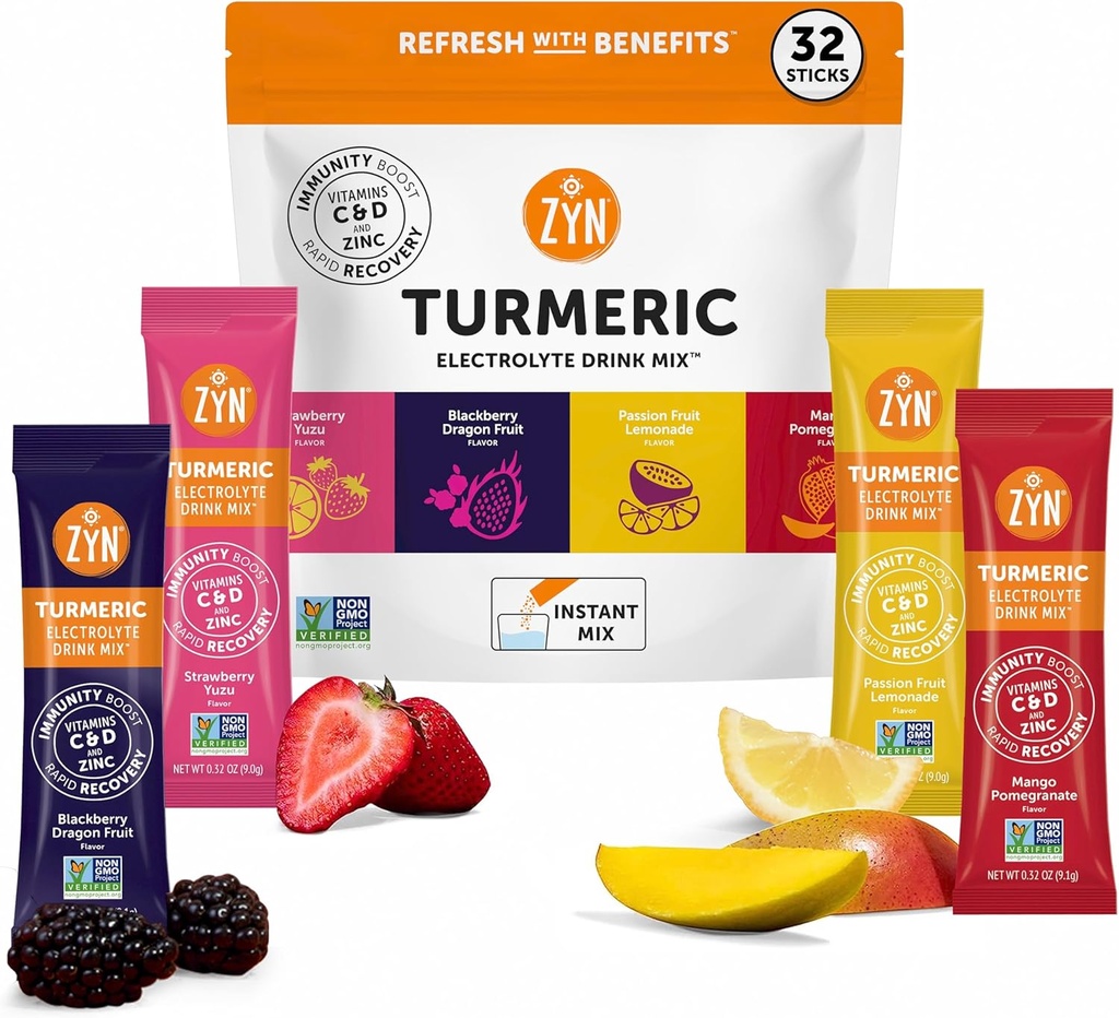 ZYN Electrolyte Drink Mix Hydration Packets, Electrolytes pulver, Hydration Packets w/Turmeric Curcumin, vitamin C og D, sink, Hydrate Electrolyte pulver Packets for velvære, Variety Pack of 32
