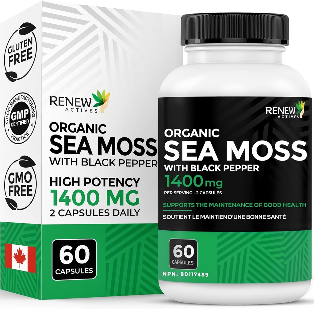 Renews Actives Sea Moss Triple-Action Antioxidant Blend with BioPerine – Organic Irish Sea Moss 500MG, Bladderwrack 500MG & Burdock Root 400MG per 2 Capsules – Made in Canada – 60 kapslit