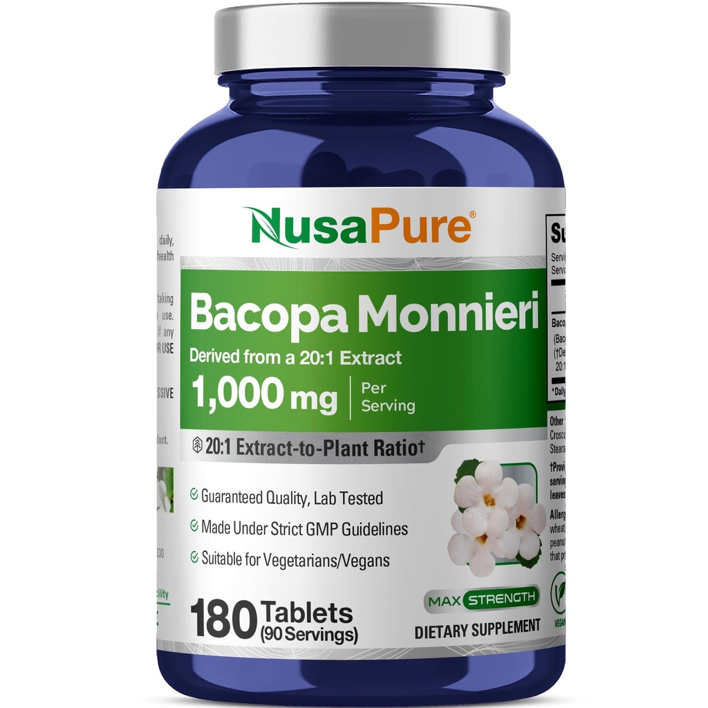 NusaPure Bacopa Leaf Monnieri Capsules, 1000 mg, 180 Tablets (Non-GMO, Vegan)