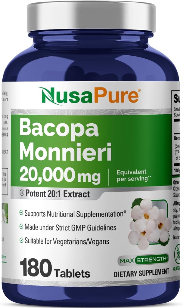 NusaPure Bacopa Leaf Monnieri Extraer 20.000 mg 180 comprimidos (Extracto 20:1, Non-GMO, Gratuíto de glute)