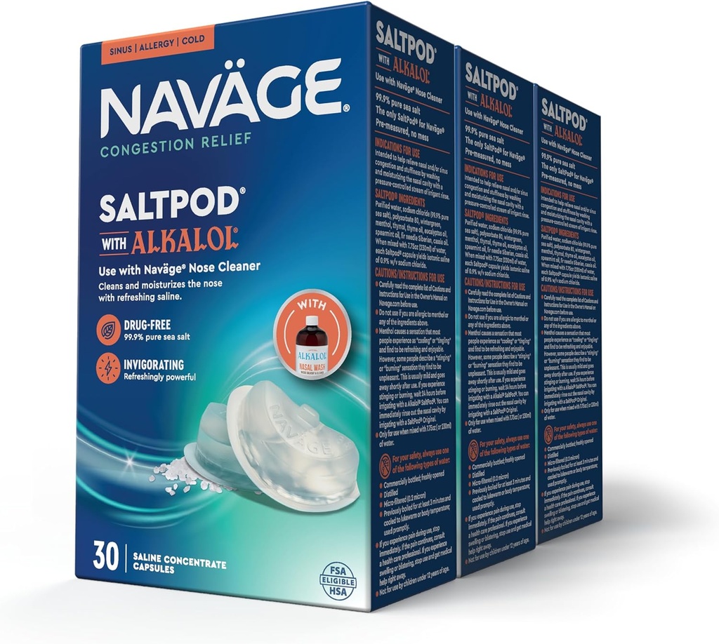 Navage SaltPod w / Alkalol (3 30-Packs) - Esclusivamente progettato per Navage Nasal Rinse - Sinus Rinse Alkalol Pods per il sollievo veloce (90 SaltPod Refills)