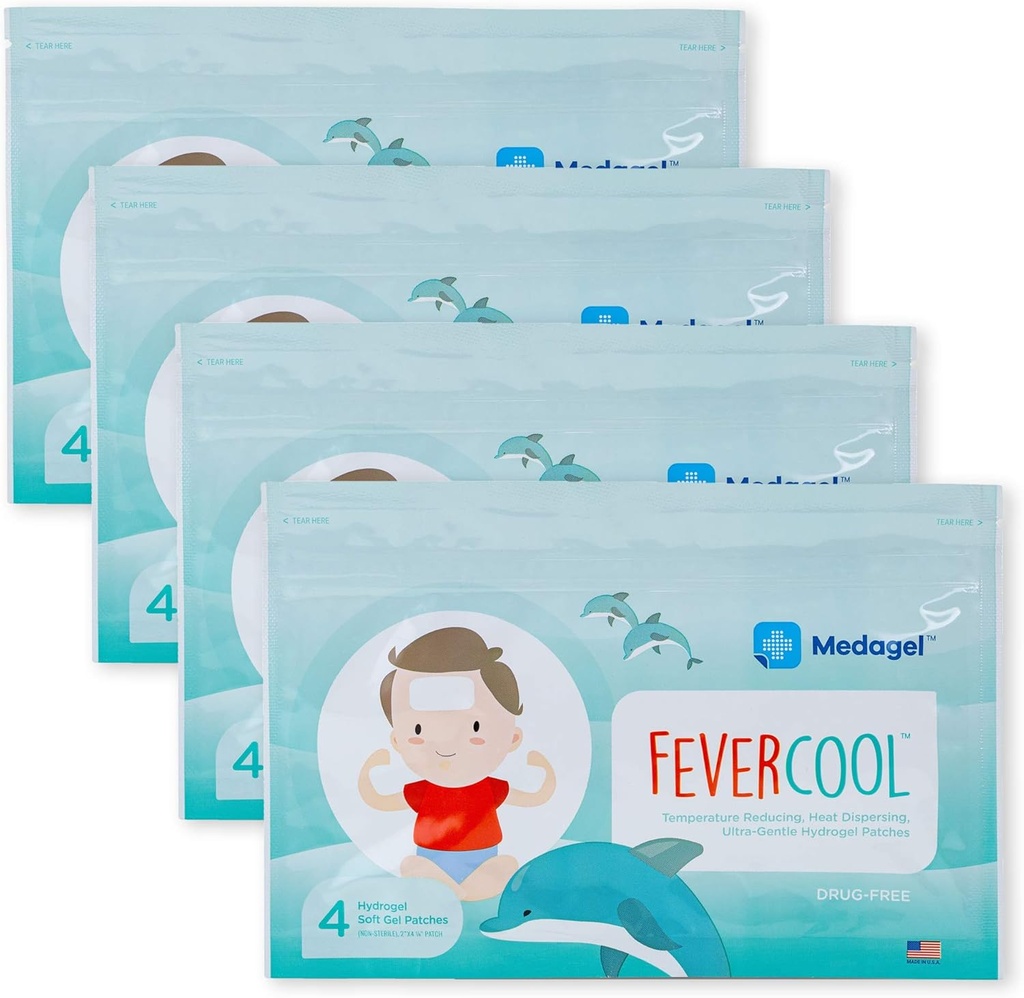 FeverCool 补丁 - Fever的冷却补丁, Migraine 和 Headache Relief QQ 在美国制造的 QQ 酷温 – Mess & Odor Free & Kids 2+QQ 4 Packs (16 x Patches)