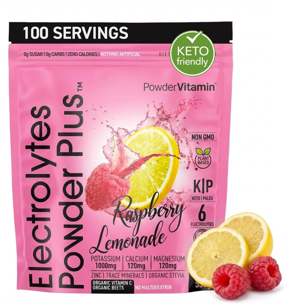 PowderVitamin Electrolytes Powder Plus (100 Servings) Raspberry Lemonade Electrolyte Powder, Zero Calorie, Keto, Zero Sugar, No Maltodextrin, 1000mg Potassium,120mg Calcium,120mg Magnesium, Hydration