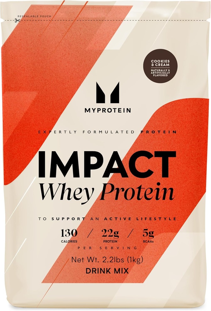 Myprotein Impact Serwatka Białko w proszku, 2,2 Lbs (32 Słupy) Cookies & Cream, 22g Białko & 5g BCAA Na Podawanie, Białko Shake Superior Performance, Siła mięśni i Odzysk, Gluten Free