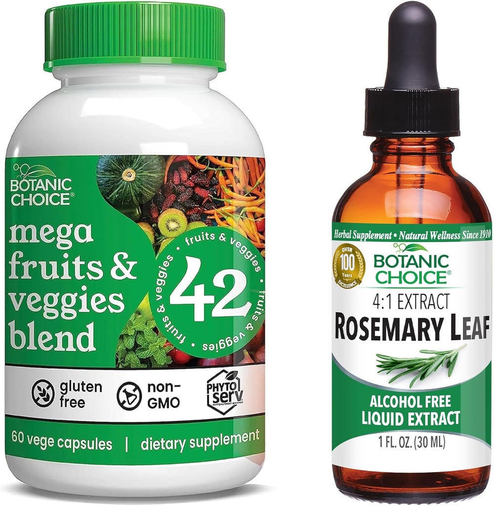 Botanic Choice Mega Fruits and Veggies Blend (60 capsules) + Rosemary Leaf Extract (1 fl oz) Bundel - Energiebalans & Superfood Supplement + Concentratie & Geheugen Ondersteuning