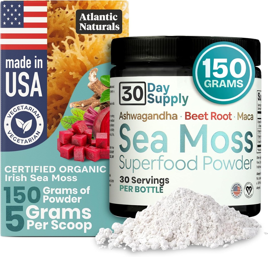 Atlantic Naturals Sea Moss Superfood Powder med Ashwagandha, Beet Root och Maca Root - Sea Moss Powder stöder hälsosam hud, atletisk prestanda och positivt humör - Vanilla smak (150g)